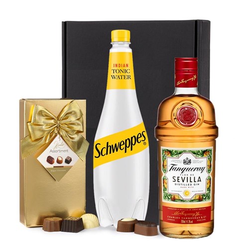 Tanqueray Flor De Sevilla Gin 70cl with Schweppes Tonic & Chocolates Gift Box | Spirit Mixer Set